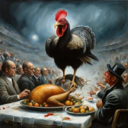 evil zombie turkey monster, by Stephen Gammell, by Hieronymus Bosch, by George Herriman, surreal creepy sentient turkey hominid is mascot at high school football game, natural colors, detailed realistic matte oil painting, ultra detail, dramatic, kinetic, masterpiece.