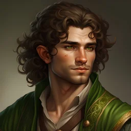 generate a dungeons and dragons portrait of a half-elf male bard. he is handsome. hispanic. wavy hair. green eyes. young. handsome. stubble beard