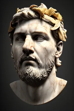 Ultra Realistic image, Roman sculpture, clean white marble material, Lionel Messi, gold Laurel leaves wreath, renaissance ornaments, one gold star, sun ornament, sun rays background, chisel style, waist up portrait, emperor style, epic, celestial, cinematic lighting, God light, god rays, 4k resolution, smooth details, ornate details, soft lighting, unreal engine 5, art station, substance 3d.