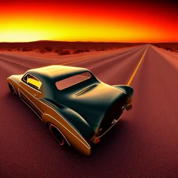 art deco, muscle car, desert road, sunset, full colour, hd,