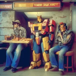 Optimus prime, bumblebee and ratchet inside a pizza hut in 1990, transformers wearing jeans and jackets sitcom style tv show.