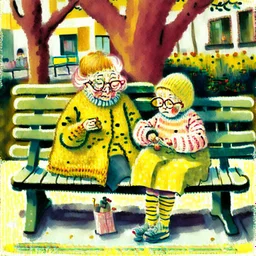 A whimsical painting of an 80-year-old grandmother knitting a yellow sweater on a bench in the boulevard, while next to her on the bench is a 5-year-old little girl knitting a small pink sweater, the grandmother with wild ginger hair and large green glasses, wearing a cozy mustard sweater and striped yellow tights. She sits on a bright yellow green bench, intently focused on her knitting needles and yarn. From around on the bench and on the floor, balls of yarn, a knitting basket and needles sur