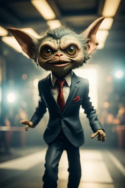 portrait of gremlin in suit flying in wind tunnel birthday party, in the style of a fallout 4,bokeh like f/0.8, tilt-shift lens 8k, high detail, smooth render, down-light, unreal engine, prize winning