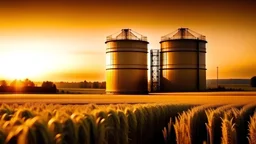 Agricultural Silos for storage and drying of grains, wheat, corn, soy, sunflower. Beautiful landscape of sunset over wheat field at autumn