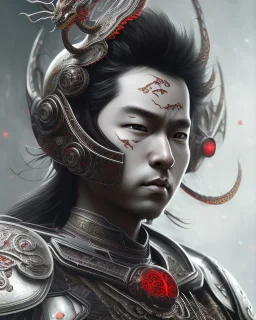 Detailed anime baby, dark brown hair, black and red dragon scale armour, intricate details, full body portrait, keep head in frame, slight smile, black Japanese motif, concept art, highly detailed, digital painting, concept art, sharp focus, illustration, art by Yoji Shinkawa, WLOP and greg rutkowski and alphonse mucha and artgerm and yanjun Chen and Junji ito and Makoto Shinkai, HDR, octane render