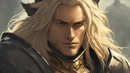 40 year man with lightly tanned skin and long blonde hair, wearing black armour with a golden wolf on his chest, dark fantasy?SMILING FACE