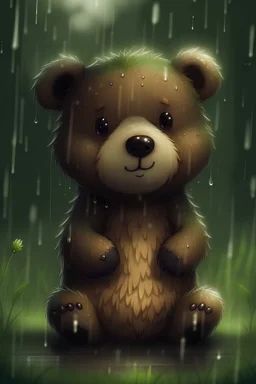 Cute fluffy bear in rain