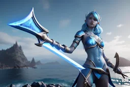 [Sea Elf] [Maormer] Hero Queen with [white hair] and [blue skin] wielding a blue glass greatsword on a ship with crew [fantasy] [realism] [Elder scrolls]