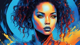 Alicia Keys stylized surreal horror manga digital painting, triadic colors: royal blue, cyan, ultramarine, bright orange, yellow, russian red. A surreal retro horror manhwa girl, in the style of junj, in pen and ink. Interacting naturally with the environment. Highly detailed. Hyper-realistic, comic book style, bold manga limes. Cool toned vibrancy. In the style and aesthetics of rlon wang, tomer hanuka, andreas lie, satoshi kon, meg chikhani, android jones, victo ngai, jeff soto