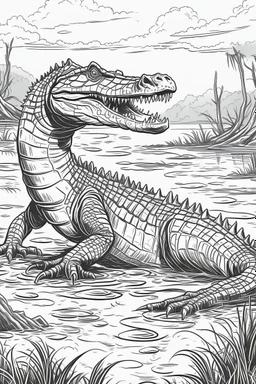 Outline art, no shading, full body crocodile in the river, black and white, low detail, --ar 9:11