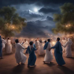 Hyper Realistic photographic-view of Pashto-People doing Traditional-Pashto-Attan-Dance with celebration atmosphere & garland-lights-&-trees on mountain-top at night with cloudy-moonlight showing dramatic & cinematic ambiance