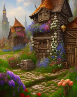 medieval fantasy village with flowers rpg art painterly