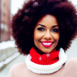 Woman, happy, expressive, emotive, smiling, pouting lips, African American, afro hair, kinky hair, coily hair, blizzard, snow, red sweater, , snow angel, hazel colored eyes, snow man, snowflake,snowball, hair in high puff, short hair, no makeup, natural colored lips