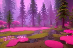 Fantasy dreamworks Paysage forêt maison dans les grands arbres avec champignons roses et une rivière bordée de grandes fleurs roses, lumiere volumetrique, unity engine