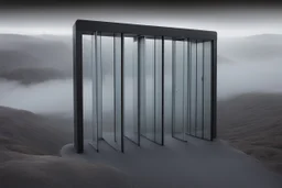 a surreal shimmering open glass gate in a glass wall with a view of a desolate landscape, fog, night, infrared filter, strong contrasts, by artist "Leonora Carrington",by artist "Zaha Hadid""