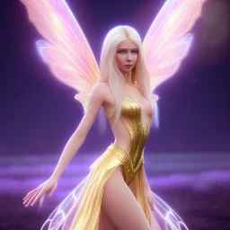 beautiful fairy very etheric, nice smiling, long blond hair, magic glamour pink make up, delicate colors, complete vision of very transparent golden and big wings, beautiful glamour transparent golden dress, ultra sharp focus, 8k, unreal engine 5, extremely sharp detail, light effect, soft light atmosphere, smooth, full of details, face in front, complete vision of face and hair and of the body