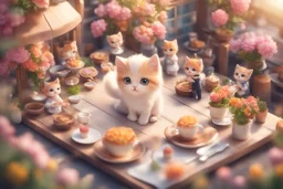 top view of a miniature restaurant scene with cute chibi anime kitten guests and waiters, meal, flowers S<AI in sunshine, photorealistic, 3D, ethereal, cinematic postprocessing, bokeh, dof