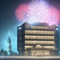 3d render of lawyer office, showing through the windows the new year fireworks outside, at night, hyper realistic, 4k