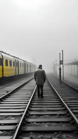 vista panoramica de un anden en una estacion de tren antigua en ella un hombre con apariencia triste y devastado mientras un tren se acerca a lo lejos, en blanco y negro excepto la luz del tren amarilla, rodeado todo de una espesa bruma