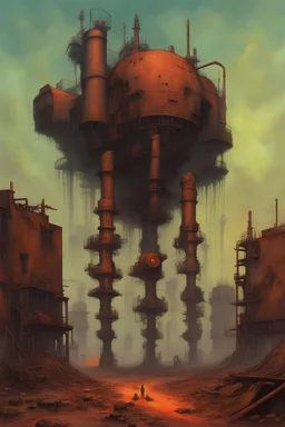 A rusted machine factory walking on multiple fleshy gangrenous legs, wasteland setting, spewing toxic fumes,in the style of Zvidslav Beksinski