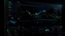 8k landscape realistic, visceral, Background: Design a captivating dark-themed background for a stock market website, infusing it with elements that resonate with the pulse of financial markets. Picture a scene where sleek graphs pierce the darkness like neon lights, where numbers glow with potential, and where headlines emerge like flashes of insight.