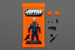 packaging label Mike pence g.i. joe toy With a gun space force uniform action figure, fluorescent orange, pricetag, snicat