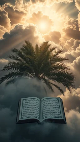 Sun light above swirling clouds, emerges from the heart of a raging storm. Turbulent winds of steam swirl around lit by shafts of sunlight that cast dramatic shadows on the A beautiful open book with Arabic words in the middle behind a palm tree High quality 16k cinematic scene and great photography