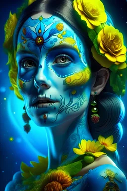 beautifull girl sugar skull, la catrina de los muertos, astronaut space, galaxy, pilot, pretty eyes, big wings, photography, soft light, volumetric lighting, ultra-detailed photography, blue background, Perfect anatomy, super high resolution + UHD + HDR + highly detailed, hyperrealistic, dynamic lighting, fantasy art , green and yellow colors, stars around