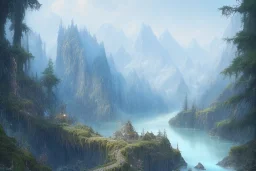 mountain river flows through a fantasy landscape gorge. a big blue lake in the middle of the mountains. fabulous nature, amazing seascape, highly detailed, digital painting, artstation, concept art, smooth, sharp focus, illustration, art by greg rutkowski and alphonse mucha