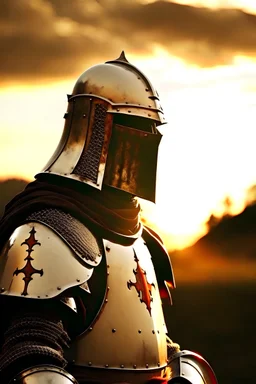 portrait of Knight Templar Crusader, weary from battle, with a sunset behind him