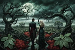 in a surreal landscape, dying, barren trees, twisting black tendrils, in front of broken, twisted bushes, a zombie couple stands sadly, pale skin and only dark green bay leaves cover their bodies, their chests and groins are covered by bay leaves, stormy sky, lightning, dark colors, gloomy, thriller mood