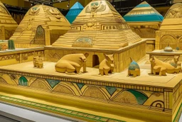 A tan sandbox with a sphinx and pyramid temples designed in ancient Egyptian architectures and sculptures painted by Gustav Klimt