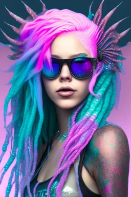 mermaid cyberpunk some fish scales on face pink hair dreadlock sunglasses gem in front