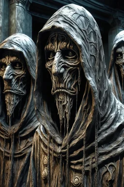 sculpture of a scary hooded priests Multiple faces . decayed and rotting with grotesque proportions and imagery. abstract grotesqueries, detailed texture, surreal horror, biomechanical design, by hr giger and beksinski