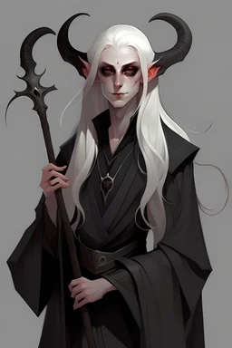 Young adult female tiefling with white long hair warlock wearing a black robe holding a staff