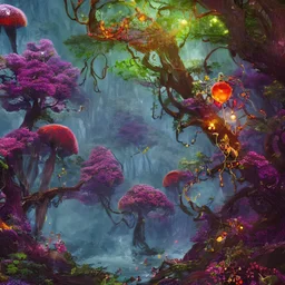 Powerful forest, living air, flying jellyfish, social and colective tree, synergy in life, Colective creatures, wonderful flying organisms, beauty as flower, colorful and detailed creatures, multiple species, detailed painting, splash screen, multiple complementary colors, fantasy art, fantastical and realistic landscape, intricate detail, 8k resolution trending on Artstation Unreal Engine 5