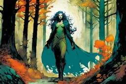 create a wildly conceptual full body print illustration of a feral mage with highly detailed hair and feminine facial features, in an ethereal, otherworldly ,ancient autumn forest , in the comic book art style of Bill Sienkiewicz, Mike Mignola, Sparth, and Jean Giraud Moebius, finely drawn, colored, and inked, suffused with dramatic natural light and shadow of sunset