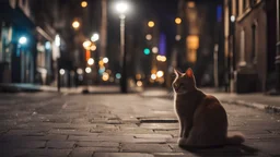 Night in the city with lights, a cat in the distance stands on the sidewalk