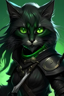 Sexy furry black female cat rogue assassin with green eyes long eyelashes fluffy tail holding daggers