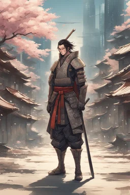 Captivating anime illustration. Samurai standing in the middle of a futuristic and sandy urban ghetto. Traditional samurai armor with a modern, elegant touch and style that shines under the light. His katana, sheathed at his side, is an extension of his being. Background, mix of ancient Japan and a dystopian future, cherry blossoms intertwined with towering skyscrapers and holographic advertisements. The atmosphere is a mix of nostalgia, tension and hope