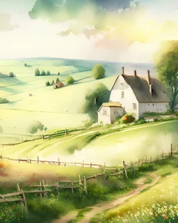 A picturesque countryside scene featuring rolling hills, quaint cottages, and blooming fields, in the style of watercolor painting,colorful, delicate brushwork, and atmospheric lighting, 12K resolution, inspired by the works of J.M.W. Turner and John Constable, evoking feelings of nostalgia and the simple beauty of rural life, hyperphotorealistic,8k, delicate detail, rainbow, depth of field