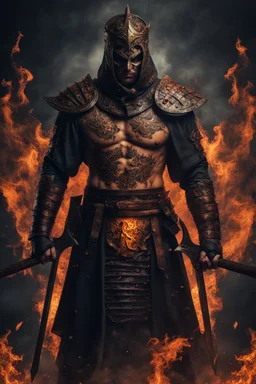 an insane warrior with his chest made of burning faces. dark horror setting.