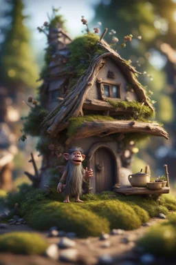 twig troll and his twig pile house ,bokeh like f/0.8, tilt-shift lens 8k, high detail, smooth render, down-light, unreal engine, prize winning