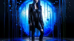 Full body and headshot of a young gothic woman dressed in clothing dripping like liquid, with no hat, with a multiverse background