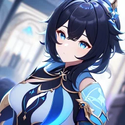 Clear focus,High resolution, Black short fluffy hair, and blue eyes, wearing a Genshin Impact inspired outfit, detailed clothes,must be wearing a short skirt, Potrait