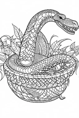 Outline art for coloring page, FLOWERY KING COBRA IN A BASKET, coloring page, white background, Sketch style, only use outline, clean line art, white background, no shadows, no shading, no color, clear