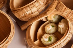 A selection of Dim Sum in bamboo steamer baskets, on a table in a posh restaurant using the Sony Alpha A7R IV, food photograpy style, macro lens, close up shot 50mm f/ 1, 4