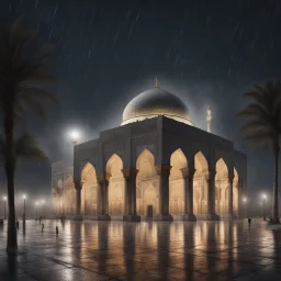 Hyper Realistic Al-Aqsa Mosque in a dark rainy night