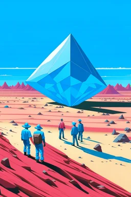 giant diamond in the desert with small people around n the style of Hiroshi Nagai