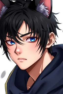 A young man with messy black hair, black cat ears on his head, blue eyes. Realistic